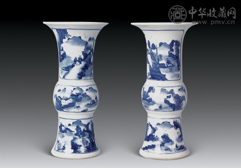 清 青花山水人物小花觚(1对)
