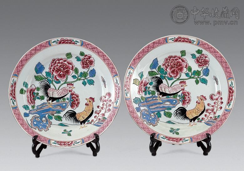 清 雍正 粉彩雄鸡牡丹纹盆(1对)