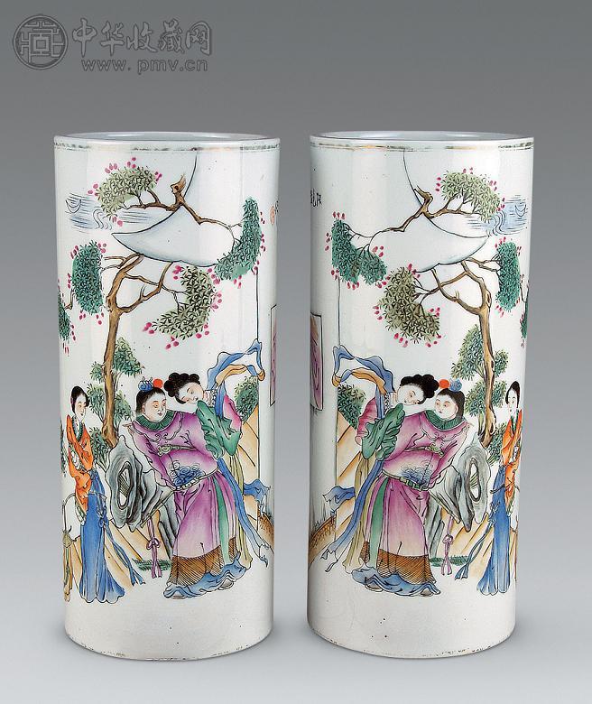 清 粉彩人物纹帽筒(1对)