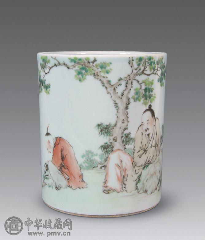 民国 浅绛彩高仕图纹笔筒