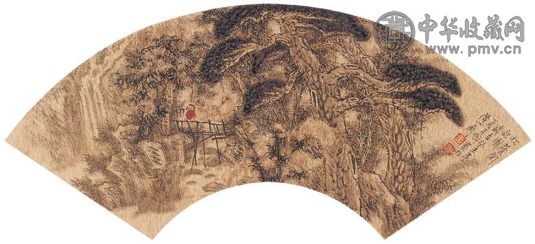 王明明 2003年作 松荫闲话图 扇面 设色金笺