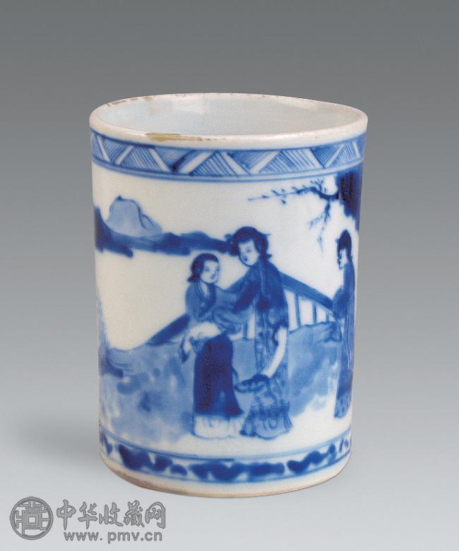 清 青花人物纹笔筒