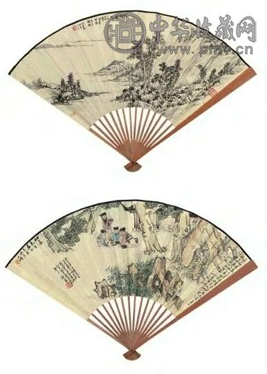 汪星伯 许十明 山水 人物 成扇 设色纸本