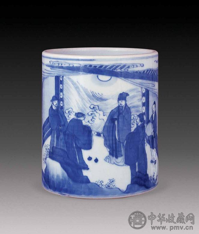 清 青花人物笔筒