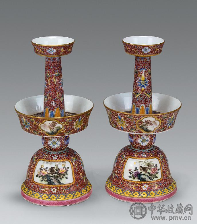 民国 粉彩花鸟纹烛台(1对)