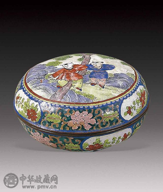 民国 铜胎画珐琅人物印盒