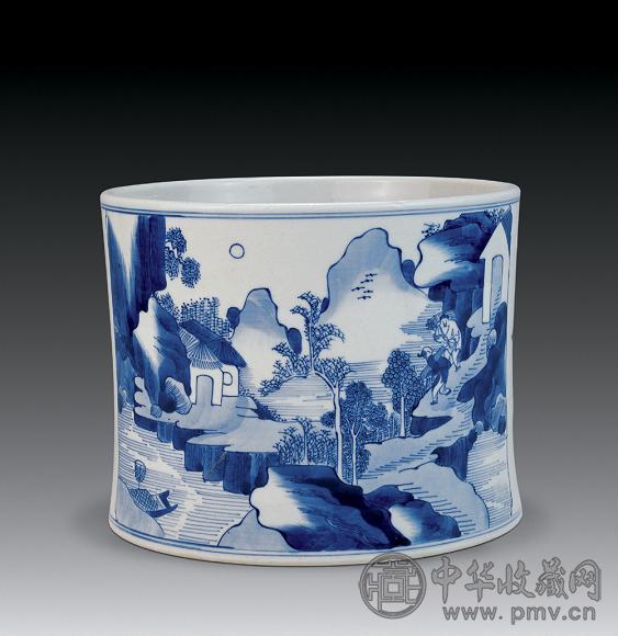 中国　大清康熙年製　青花　山水人物文　花瓶　壷　時代箱　M　R8748 中国 大清康熙年製 青花 山水人物文 花瓶 壷 時代箱 M R8748