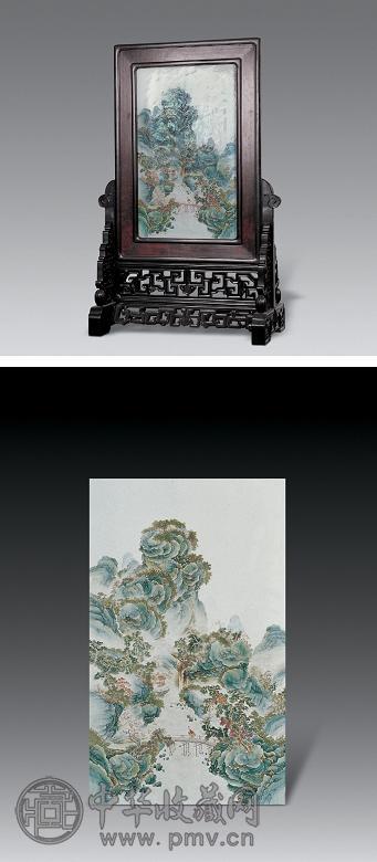 清 粉彩山水人物纹瓷板插屏