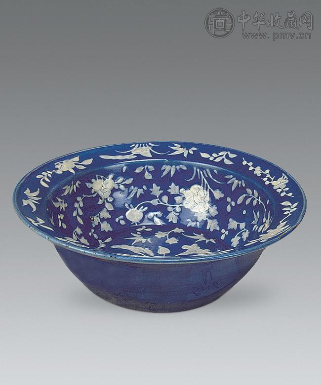 清 兰釉留白花草纹盘