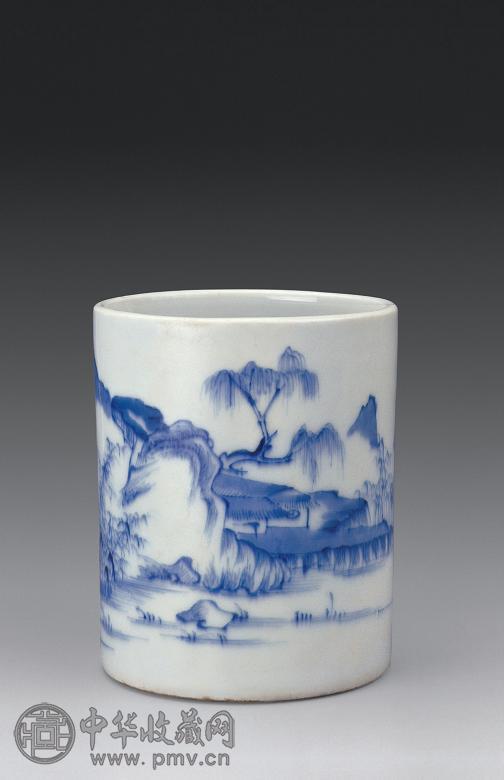 清早期 青花山水笔筒