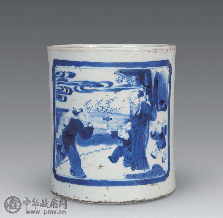 清康熙 青花人物故事纹笔筒