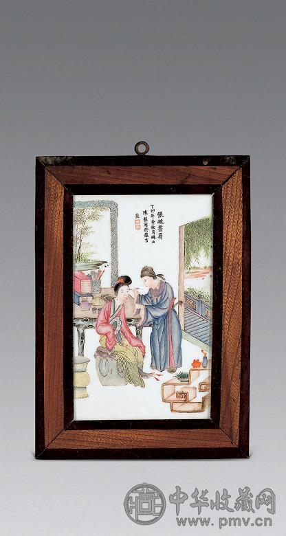 民国 粉彩张敝画眉瓷板