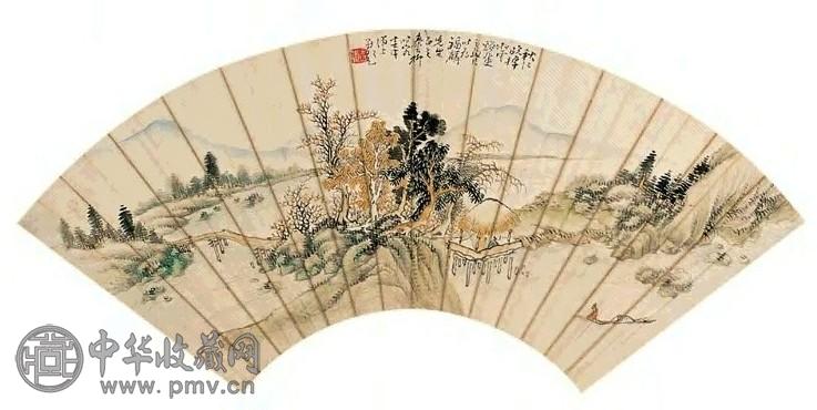 秦古柳 秋江晚棹 扇面 设色纸本