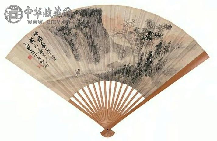 启功 策杖行吟图 扇面 设色纸本