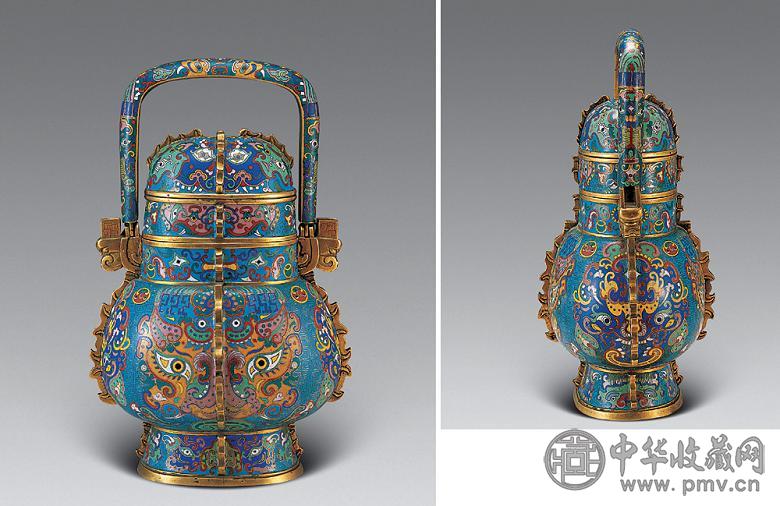 清中期 掐丝珐琅兽面纹提梁卣