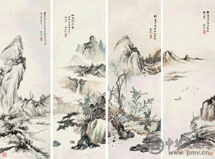 吴湖帆 仿古山水 四屏 设色纸本 收藏资讯|艺术家|书画家|书画名人|书法家-中华收藏网