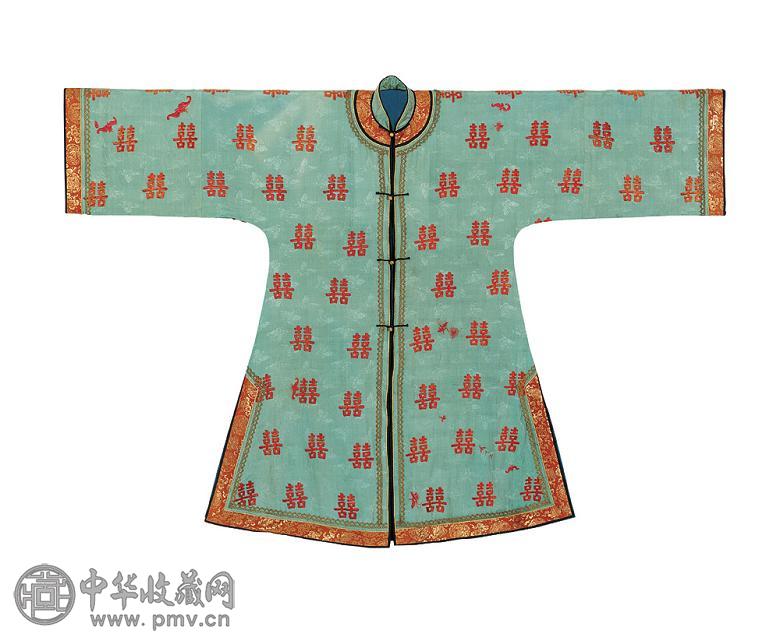 清晚期 绿地织百蝶红喜字女袍