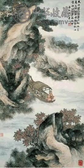 叶昀 秋江泛舟 立轴 设色纸本