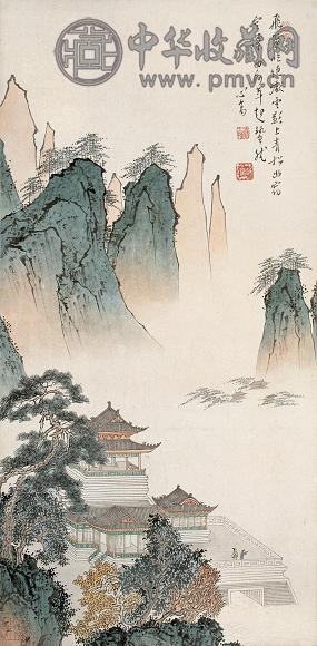 溥儒 飞檐绝巘图 立轴 设色纸本