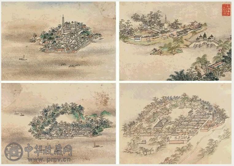 江南园景 册页(24开选4) 纸本设色