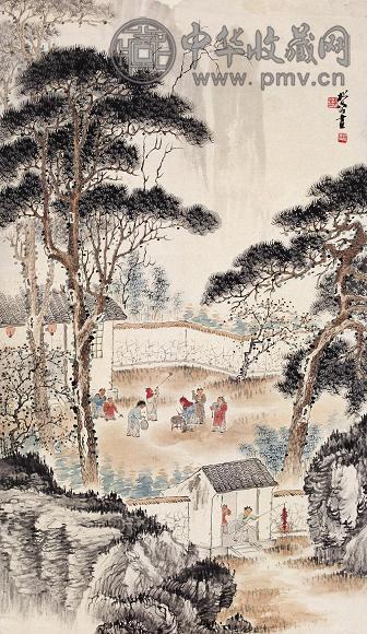 钱松嵒 松舍闹春图 立轴 设色纸本