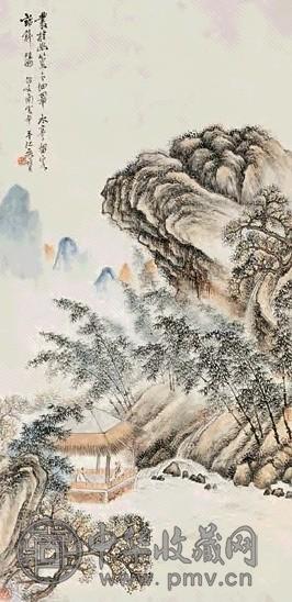 袁培基 水亭闲话 立轴 设色纸本