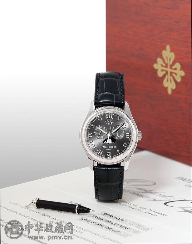 百达翡丽铂金自动年历大三针月相腕表型号5056