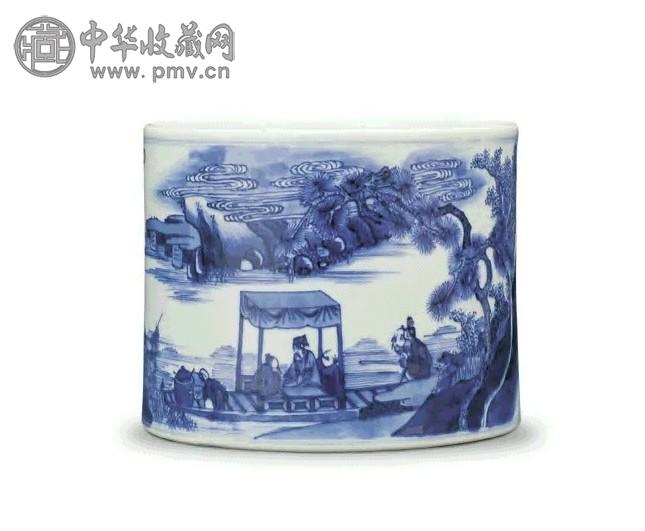 清 雍正 青花人物笔筒