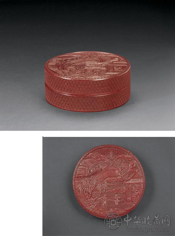 清乾隆 剔红山水人物图盖盒