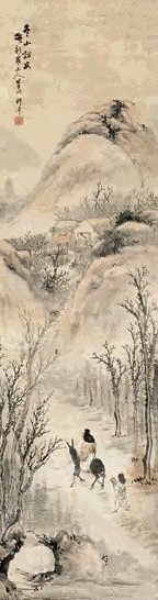 姚叔平 冬山访友 立轴 设色纸本