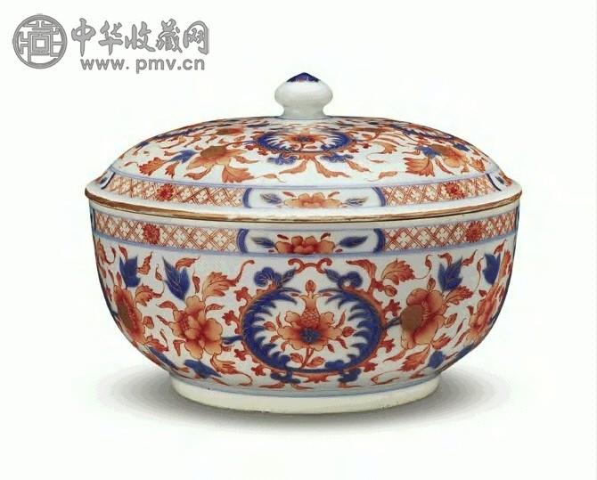 清 康熙 青花矾红描金花卉盖盒