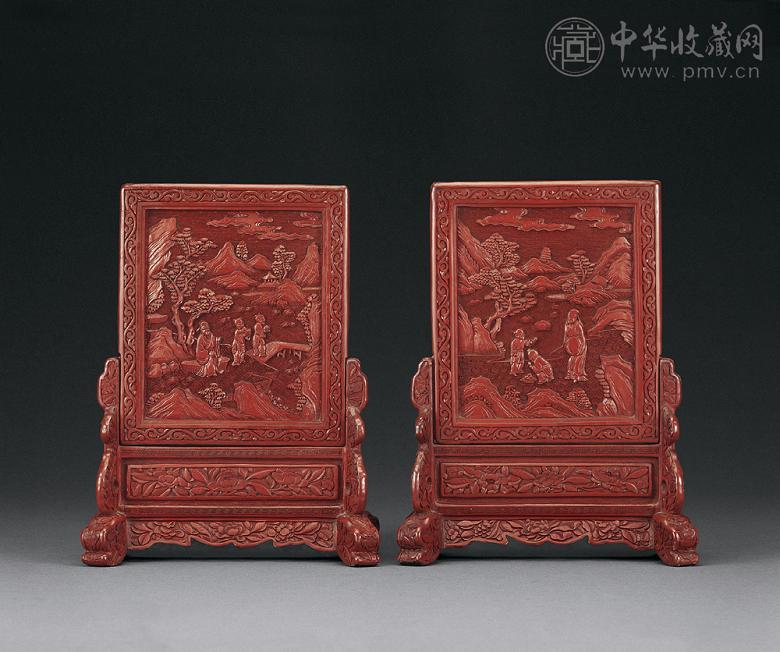 清 剔红山水人物图插屏(1对)