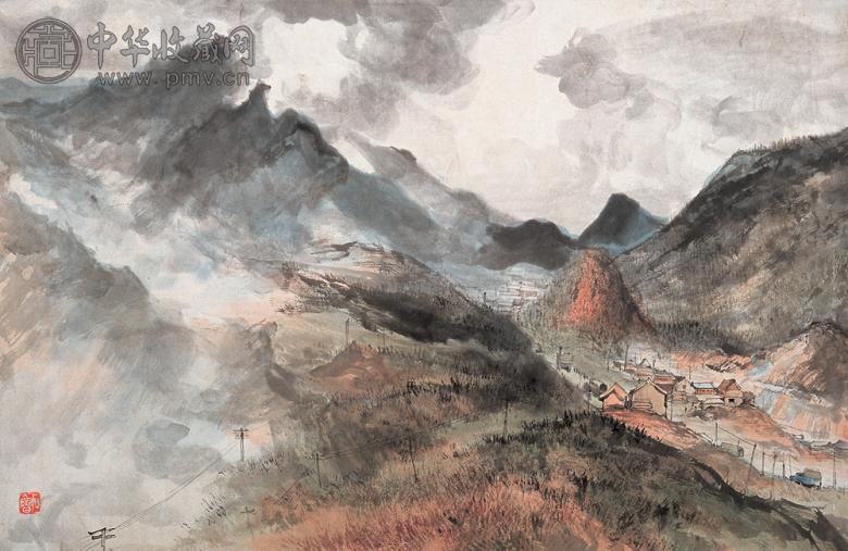 石鲁 1953年作 祁连山下的工地 镜心 设色纸本