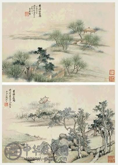 黄鞠 秀绿山庄图册 册页 十九开选二 设色纸本