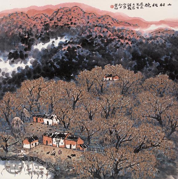 林丰俗 丙寅(1986年)作 山村秋晚 立轴 设色纸本