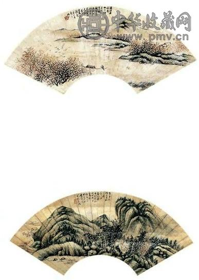 林纾 山水扇面双挖 镜心 设色纸本