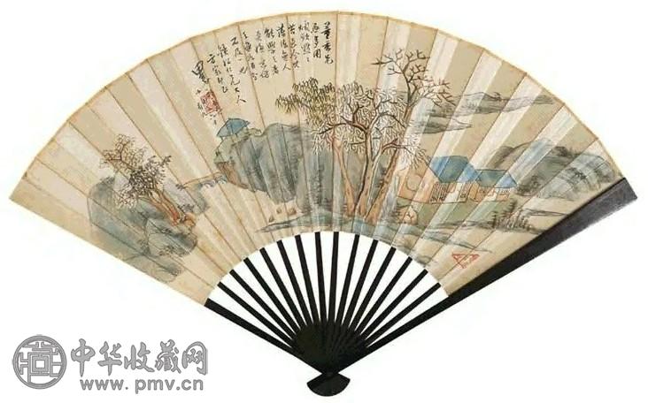 郭福衡 湖庄清夏图 行书 扇面 设色笺本