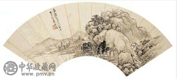 吴涛 山亭幽境图 扇面 水墨金笺