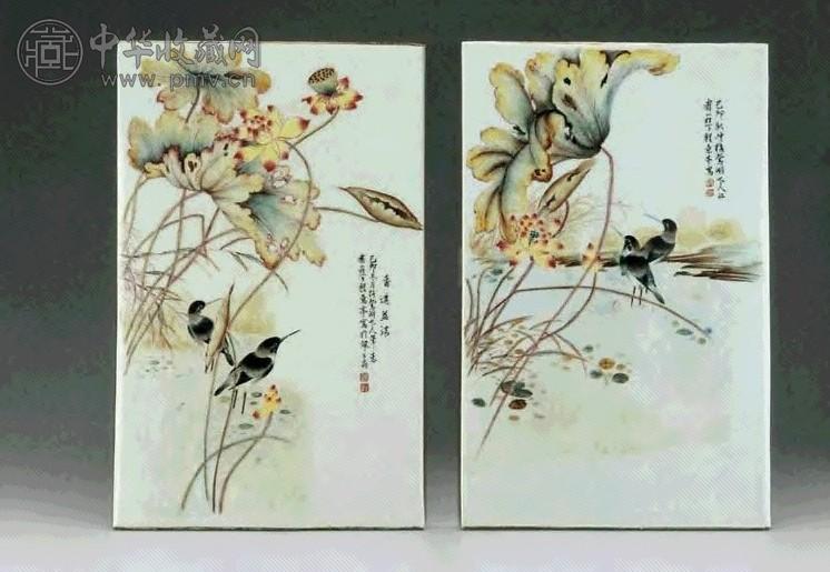 民国 荷塘图瓷板 一对