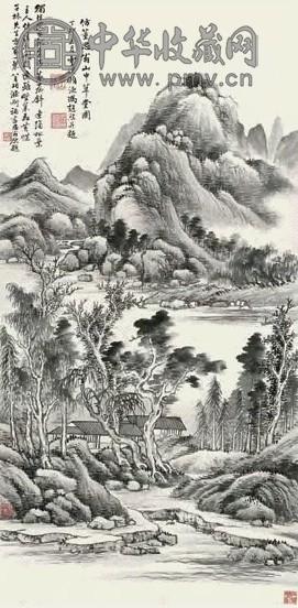 冯超然 1927年作 山中草堂图 立轴 水墨纸本