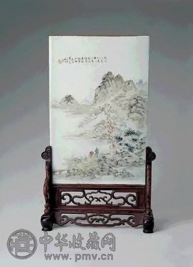 清末 浅绛彩绘山水人物瓷板