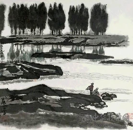 庄言 河边 立轴 设色