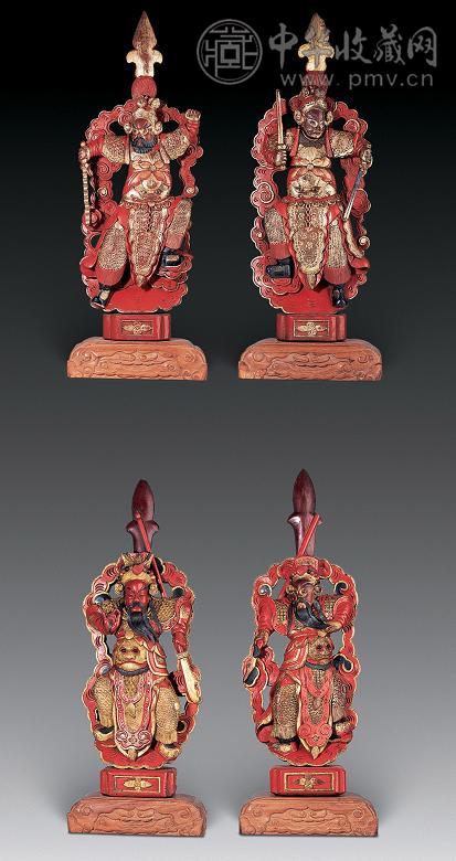清代 木雕漆金门神立像(4件)