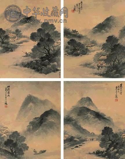 吴石僊 庚子(1900年)作 山水 四屏 设色纸本