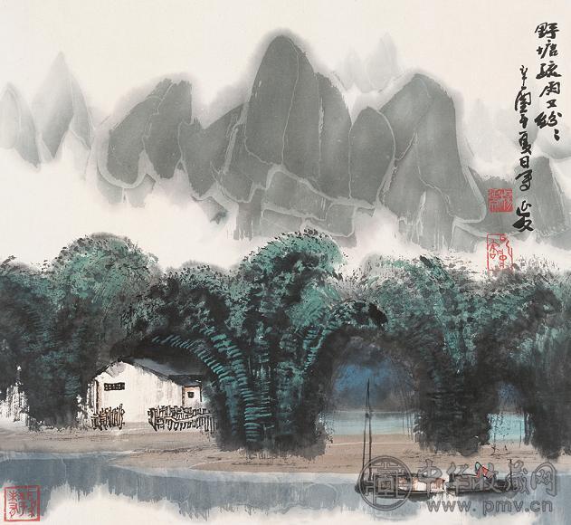 杨延文 1981年作 野塘疏雨 立轴 设色纸本