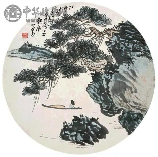 溥儒 秋风夕照 圆光镜心 设色纸本