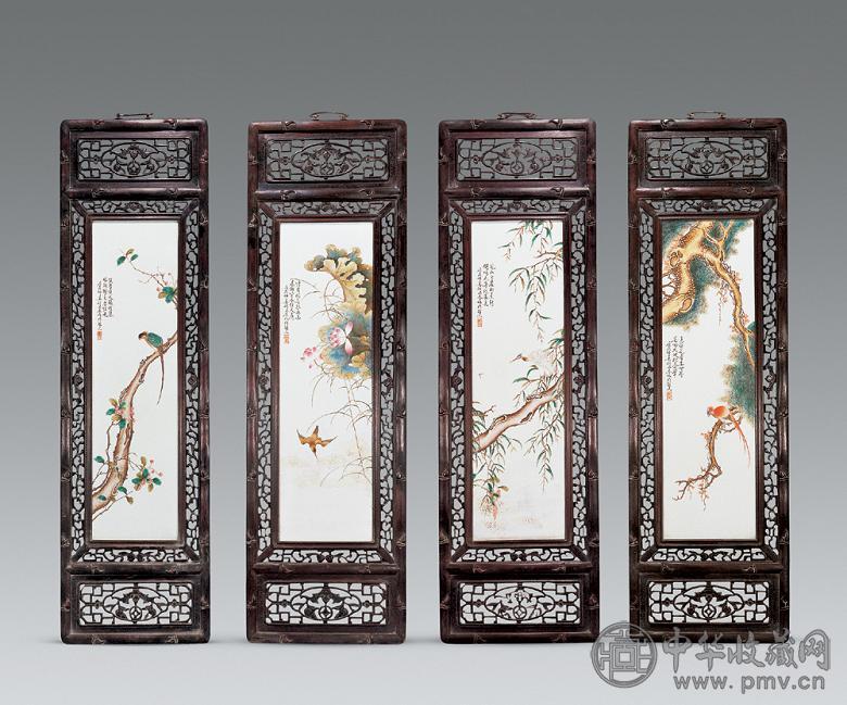 红木框花鸟纹瓷板画四挂屏
