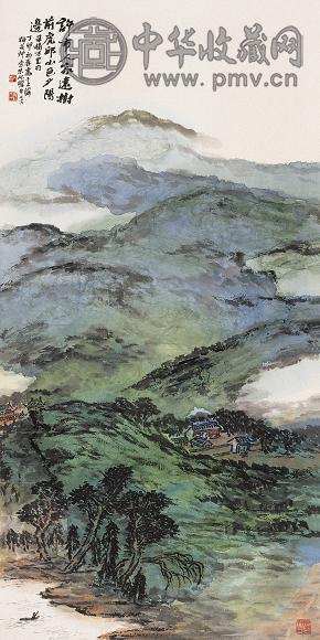 朱屺瞻 丁卯(1987年)作 夕阳山色 立轴 设色纸本