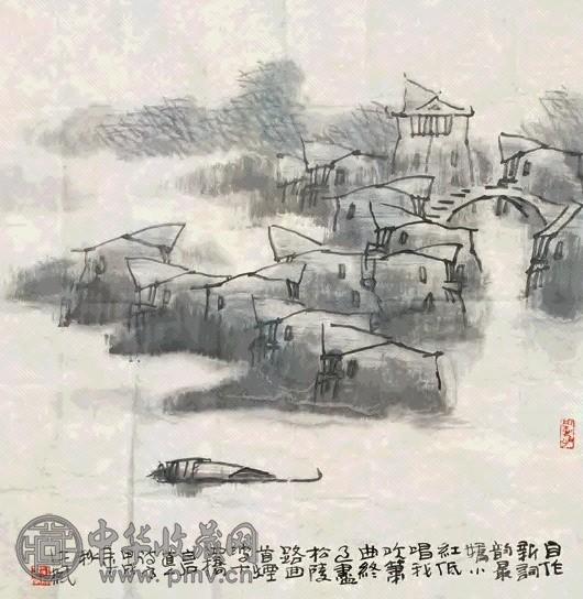 江枫 鱼塘 镜心 水墨纸本