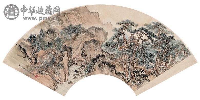 吴熙曾 乙亥(1935年)作 秋山行旅图 扇面 设色纸本